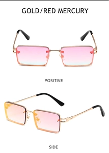 Vorder- und Seitenansicht der Vintage-Sonnenbrille mit gold/rotem Verlaufsglas und Metallrahmen.
