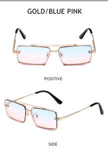 Detail view of gold metal square sunglasses with gradient blue pink lenses from two angles
