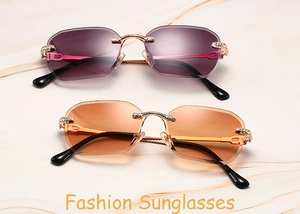 Detailansicht der randlosen Strass-Sonnenbrille mit lila und orangefarbenem Farbverlauf