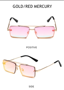 Detail view of gold rectangle sunglasses with red mercury gradient lenses and metal frame