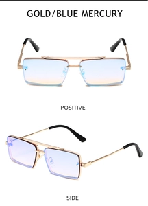 Detail view of gold metal rectangle sunglasses with blue mercury gradient lenses