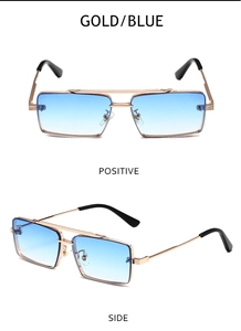 Detail view showing front and side of gold metal square sunglasses with blue gradient lenses