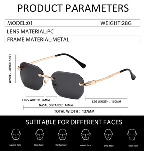 Detaillierte Größenangaben für randlose Sonnenbrille mit Strass-Metallbügeln