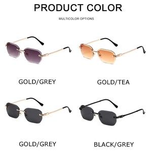 Detailansicht der randlosen Sonnenbrille mit Facettenschliff und verzierten Metallbügeln