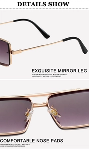 Detailed view of metal square sunglasses with purple gradient lenses and black temple tips