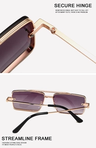 Detail of reinforced metal hinges and gradient purple lenses on square sunglasses