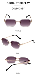 Drei Ansichten einer randlosen geometrischen Sonnenbrille mit Goldrahmen und Grauverlauf