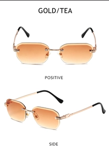 Details einer randlosen goldenen Sonnenbrille mit Verlaufsgläsern und Strasssteinen