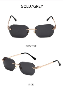 Detailansichten der randlosen grauen Sonnenbrille mit kristallbesetzten goldmetallbügeln