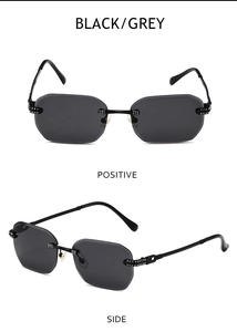 Vorder- und Seitenansicht einer randlosen Polygon-Sonnenbrille mit Strass und Wellenbügeln