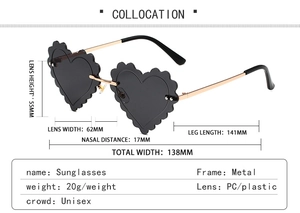 Detailed technical drawing of heart-shaped sunglasses with metal frame and size measurements
