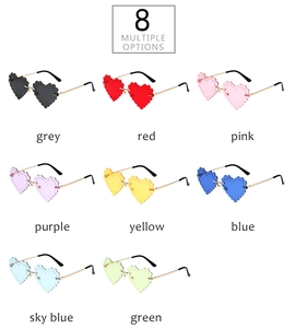 Detailed grid showing 8 colorful heart-shaped rimless sunglasses with gold metal temples