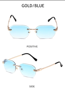 Details von randlosen Sonnenbrillen mit blauem Verlauf, Goldbügeln und Strass