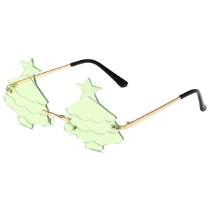 Fashionable Christmas tree shaped sunglasses with green lenses and gold metal frame
