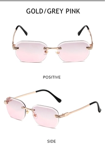 Details einer randlosen Sonnenbrille mit rosa Verlauf und goldenen Spiralbügeln mit Strass