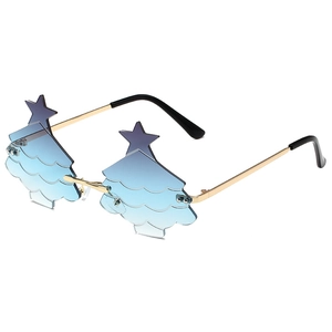 Fashionable Christmas tree sunglasses with blue gradient lenses and gold metal frames