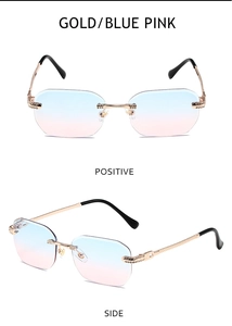Detailansicht der randlosen Sonnenbrille mit blau-rosa Farbverlauf und Goldmetallbügeln