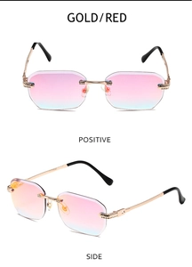 Detailansicht der randlosen rosa Verlaufsgläser und strukturierten Goldbügel der Sonnenbrille