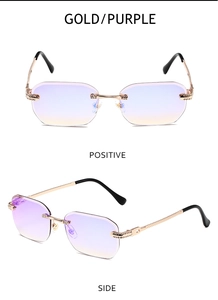 Detail einer randlosen Gold-Sonnenbrille mit lila Verlaufsgläsern und Strassbesatz