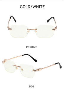 Detailansichten einer randlosen Sonnenbrille mit Goldrahmen und Strassverzierung