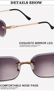 Detail einer randlosen Sonnenbrille mit lila Verlaufsgläsern und goldenen Spiraldiamantbügeln