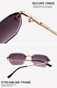Detail einer randlosen Sonnenbrille mit lila Verlaufsgläsern und Roségold-Scharnieren