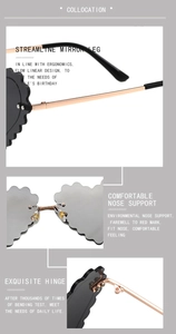 Detailed views of heart-shaped sunglasses featuring rose gold metal temples and nose pads