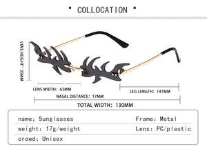 Guide des dimensions détaillées pour lunettes de soleil sans monture en forme de flamme