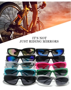 Collection of steampunk cycling sunglasses in various frame colors and lens finishes