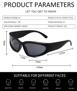 Detailed dimensions of streamlined matte black sports sunglasses with PC lenses and frame