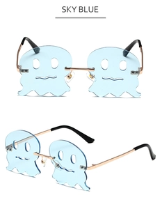 Himmelblaue randlose Sonnenbrille in Geisterform mit goldenen Metallbügeln für Partys