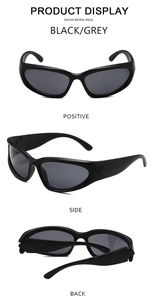 Three views of matte black steampunk sports sunglasses with dark grey lenses