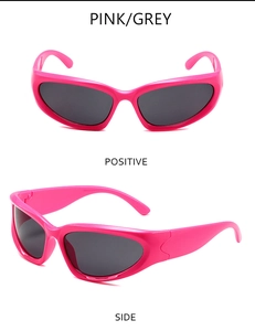 Front and side view of hot pink steampunk goggles with dark grey lenses and wide temples