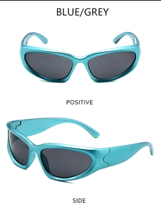 Front and side view of steampunk cycling sunglasses with blue frame and grey lenses