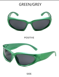 Front and side macro views of green metallic steampunk cycling sunglasses with gray lenses