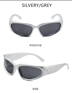 Detailed views of silvery steampunk sports sunglasses with grey one-piece wrap lenses