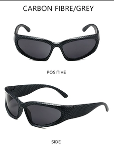 Detail view of carbon fiber texture frame and gray lenses on steampunk sports sunglasses