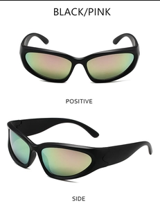 Front and side views of steampunk sports sunglasses with black matte frames and pink lenses