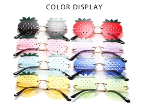Color display of novelty strawberry shaped rimless sunglasses in eight vibrant hues