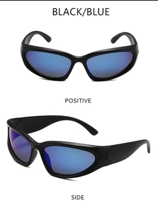 Front and side view of sporty matte black sunglasses with blue polarized mirror lenses