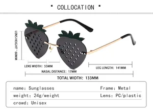 Size chart showing 133mm width and 24g weight for strawberry-shaped metal sunglasses