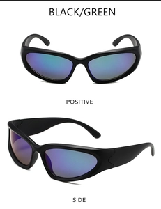 Front and side views of steampunk sports sunglasses with black frame and purple lenses