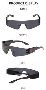 Drei-Winkel-Ansicht der rahmenlosen grauen Punk-Sportsonnenbrille mit Metall-Nasensteg
