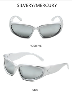 Front and side views of silver mirrored steampunk sport sunglasses with wrap-around frames