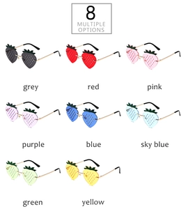 Collage of strawberry shaped rimless sunglasses in eight different vibrant colors