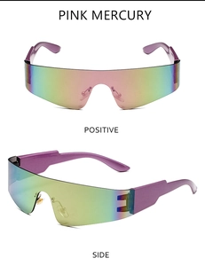 Rahmenlose futuristische Sport-Sonnenbrille mit pinken Gläsern und lila Bügeln in zwei Ansichten