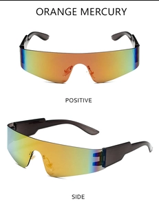 Details von randloser Sport-Sonnenbrille mit orangefarbenem Quecksilber-Verlauf und Bügeln