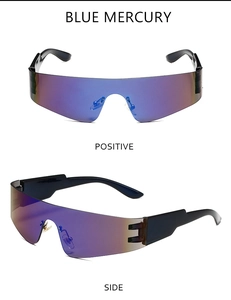 Detailsicht der randlosen Punk-Sportsonnenbrille mit blau verspiegelten Gläsern und Gestell