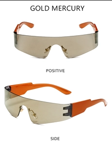 Front- und Seitenansicht der orangefarbenen Punk-Shield-Sonnenbrille mit grauen Gläsern