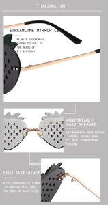 Detailed views of strawberry-shaped sunglasses showing nose pads, hinges, and mirror legs